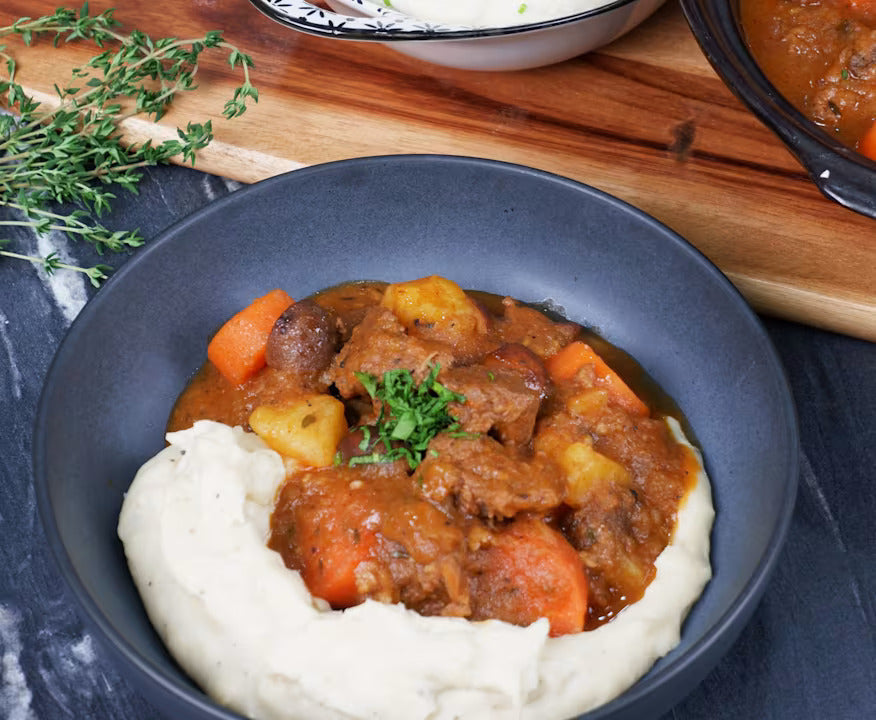 Slow Cooked Beef Stew with Creamy Cauliflower Mash