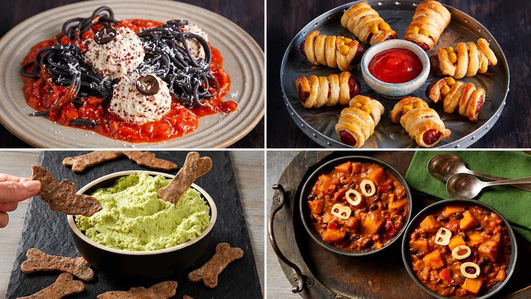 Halloween party food: spooky spaghetti and meatballs, sausage mummies, Monster Mash dip with bone crackers, and pumpkin chili spelling BOO.