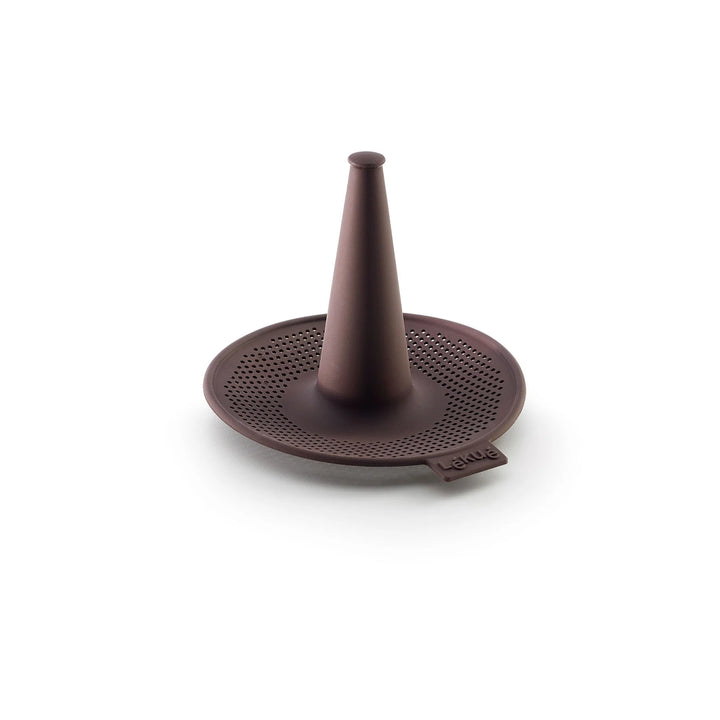 A dark brown silicone coffee filter cone and matching perforated base, shown on a clean white background.
