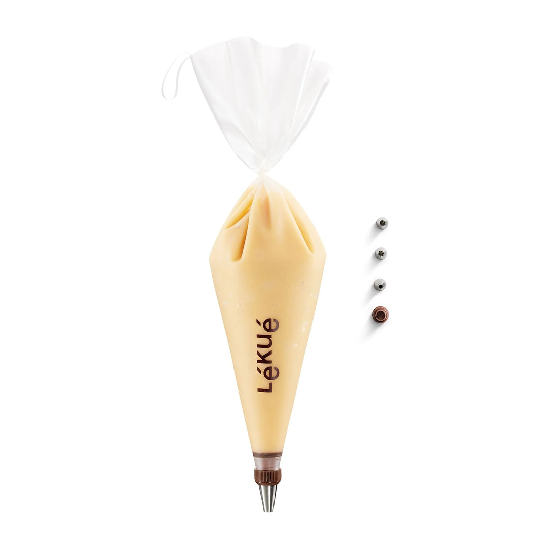 Pastry bag filled with cream and Lékué branding on a white background