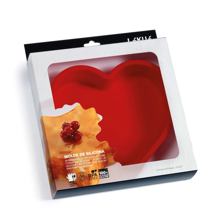 Red silicone mold in packaging with Lékué branding on a white background